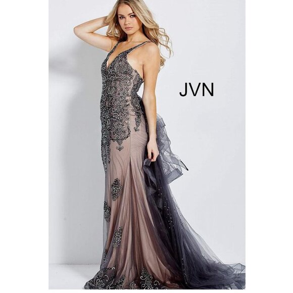 New Charcoal Nude Embellished Ruffle Back Fitted Prom Dress JVN53188 - Picture 4 of 4